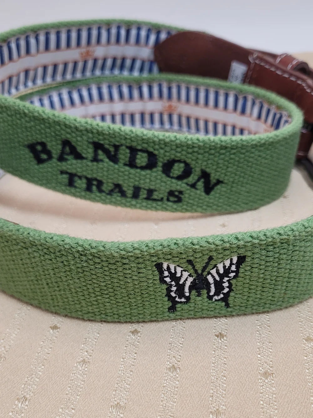 Peter Millar Bandon Trails Golf Belt Size 38 Canvas Leather Butterfly Logo Green